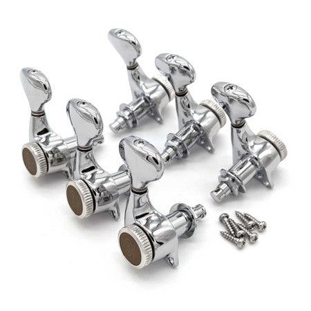 Set of six chrome locking guitar tuners with six screws arranged on a white surface.