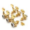 Set of six gold guitar tuning pegs with matching screws arranged on a white background.