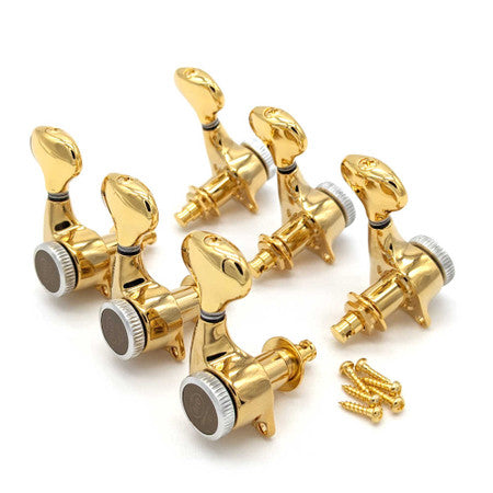 Set of six gold guitar tuning pegs with matching screws arranged on a white background.