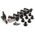 Six black locking guitar tuners with silver accents, six bushings, and six screws arranged on white background.