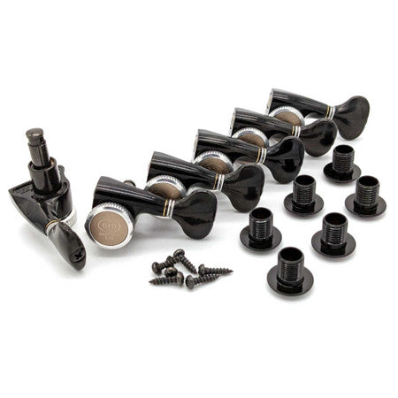 Six black locking guitar tuners with silver accents, six bushings, and six screws arranged on white background.