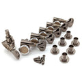 Set of six metallic locking guitar tuners with six bushings and four screws laid out on white background.