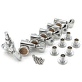 Six chrome metal guitar locking tuners laid out with bushings and screws on a white background.
