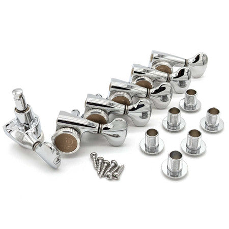 Six chrome metal guitar locking tuners laid out with bushings and screws on a white background.
