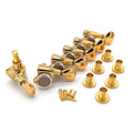 Set of six gold guitar locking tuners with mounting bushings and screws arranged on a white background.