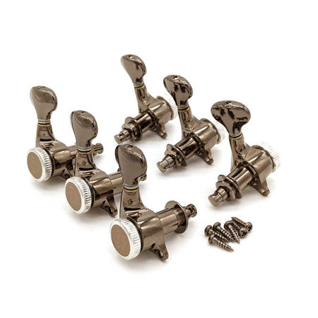 Set of six metallic guitar tuning pegs with six screws on a white background.