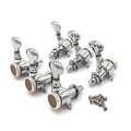 Set of six chrome locking guitar tuning pegs with six mounting screws on a white background.