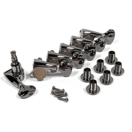 Set of six black metal guitar tuning machine heads with bushings and screws.