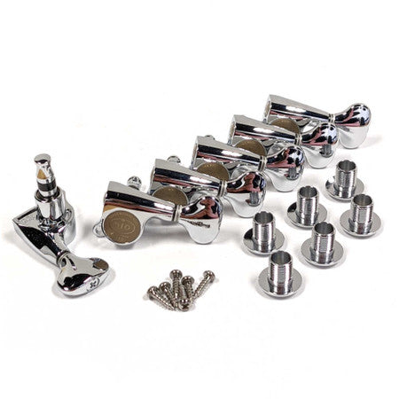 Set of six chrome tuning pegs with six threaded bushings and six screws for stringed instrument headstock.