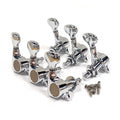 Six chrome guitar tuners with mounting screws arranged on a white background.