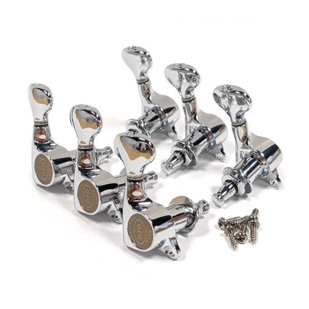 Six chrome guitar tuners with mounting screws arranged on a white background.