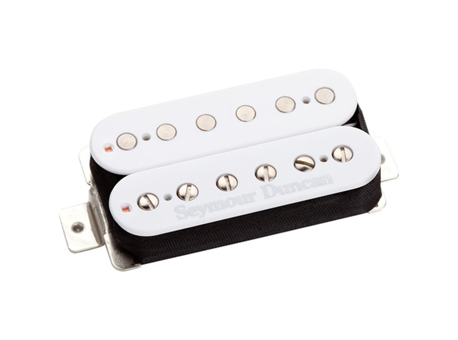 White guitar pickup with two rows of pole pieces and 'Seymour Duncan' logo on one side.