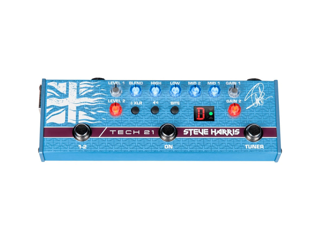 Blue Tech 21 Steve Harris guitar pedal with multiple control knobs, buttons, and three footswitches.