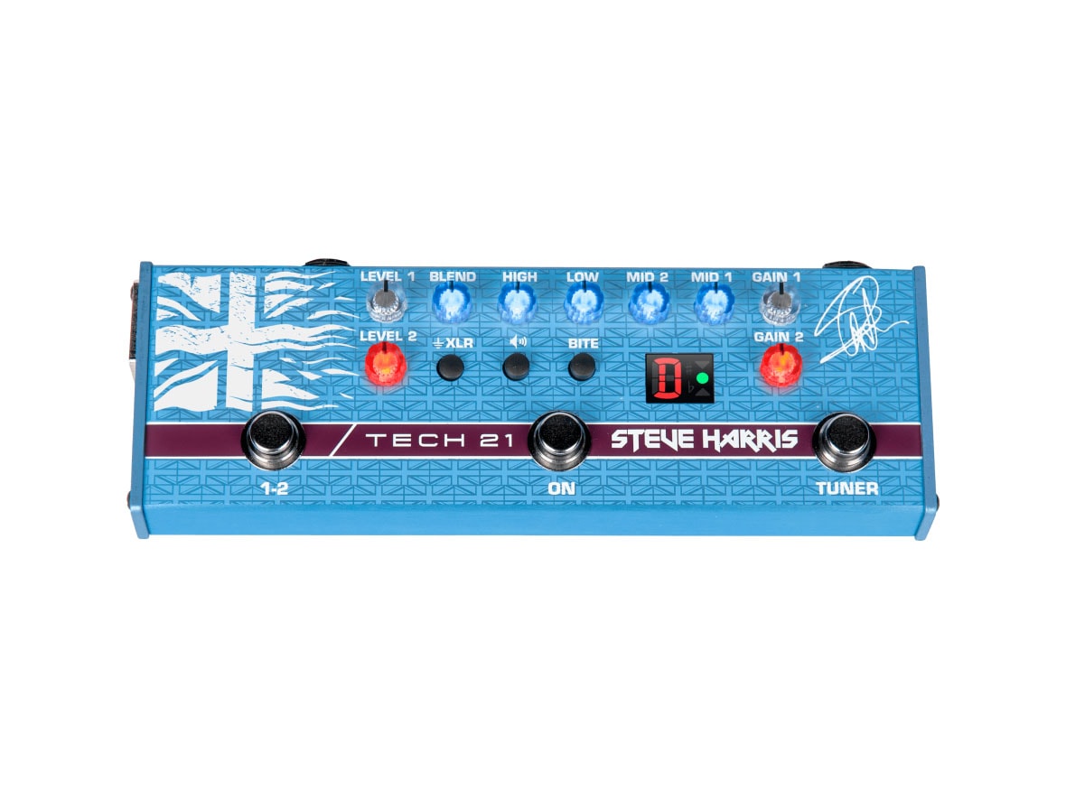 Blue Tech 21 Steve Harris guitar pedal with multiple control knobs, buttons, and three footswitches.