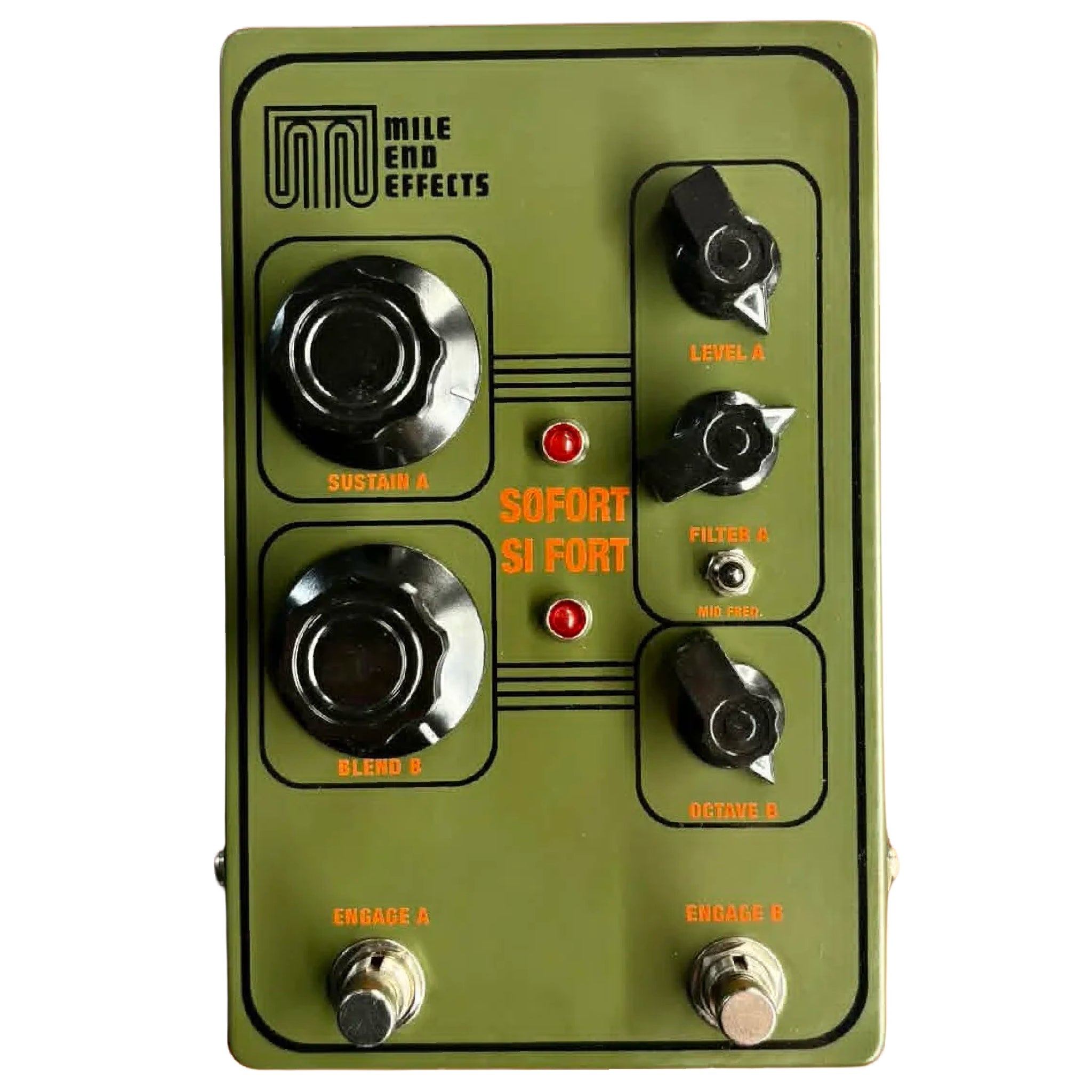 Olive green guitar effects pedal with multiple knobs, two footswitches, two red LEDs, and toggle switch labeled Sofort Si Fort.