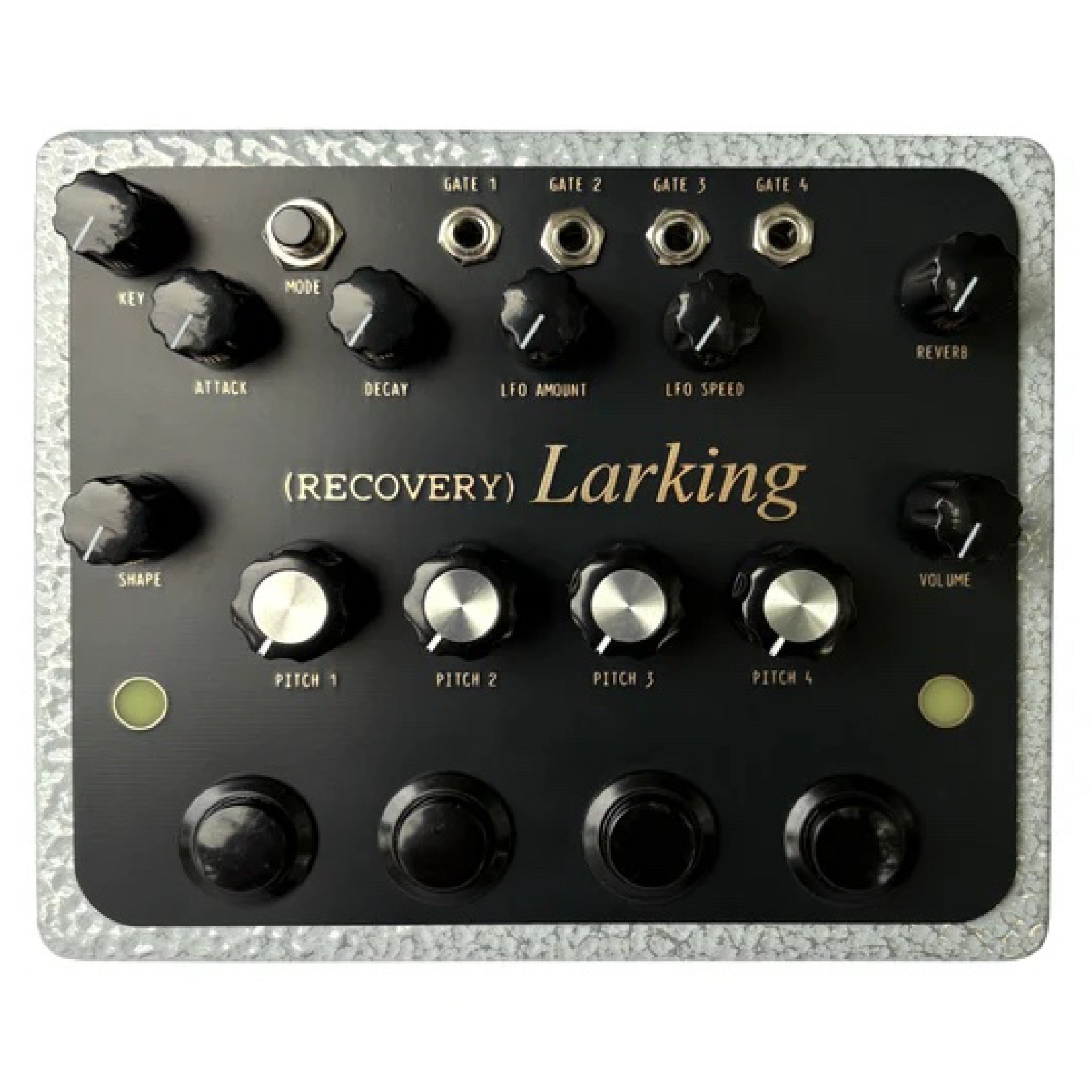 Black and silver synthesizer panel with multiple knobs, four gate jacks, toggle switch, and footswitches labeled Larking.