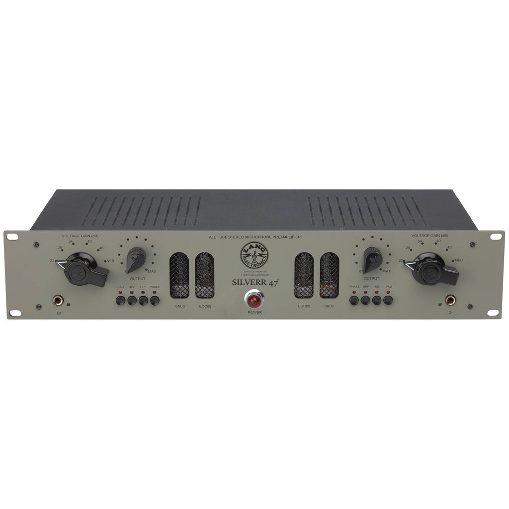 Front view of a gray tube stereo microphone preamplifier with knobs, buttons, jacks, and vented tube windows.