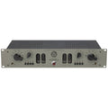 Front view of a gray tube stereo microphone preamplifier with knobs, buttons, jacks, and vented tube windows.