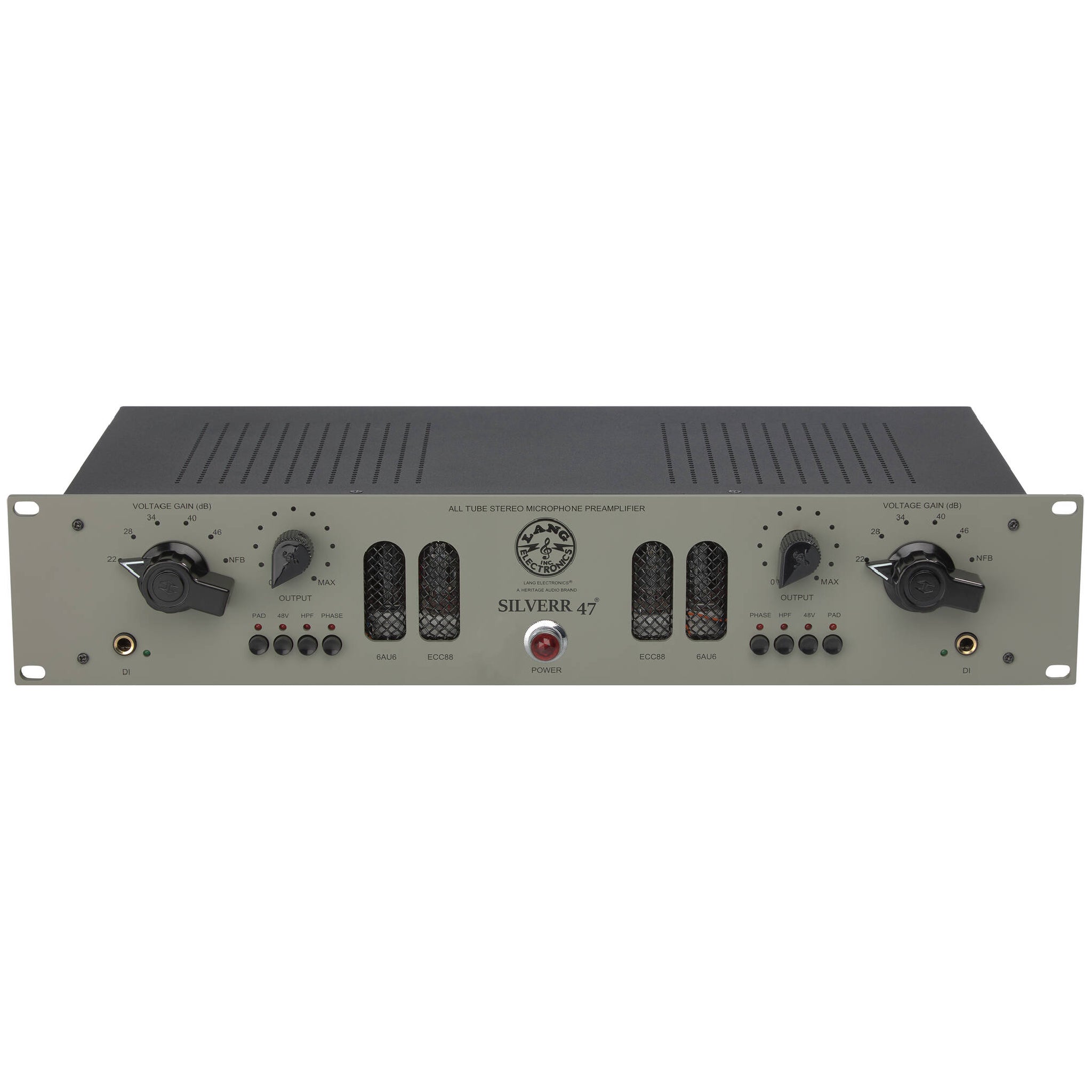 Front view of a gray tube stereo microphone preamplifier with knobs, buttons, jacks, and vented tube windows.