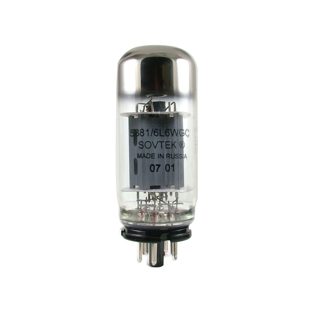 Single Sovtek vacuum tube labeled 5881/6L6WGC made in Russia with metal pins at base.