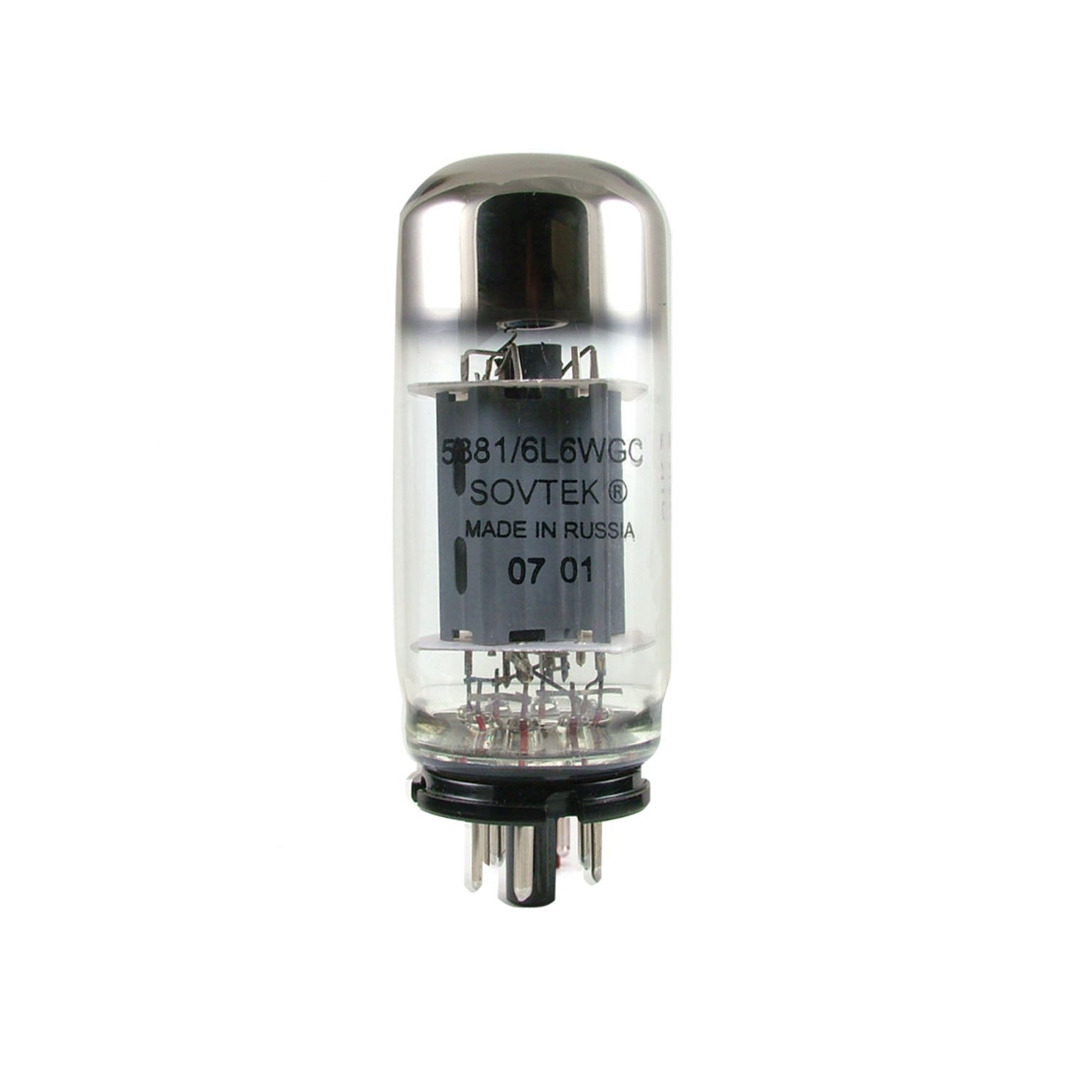 Single Sovtek vacuum tube labeled 5881/6L6WGC made in Russia with metal pins at base.