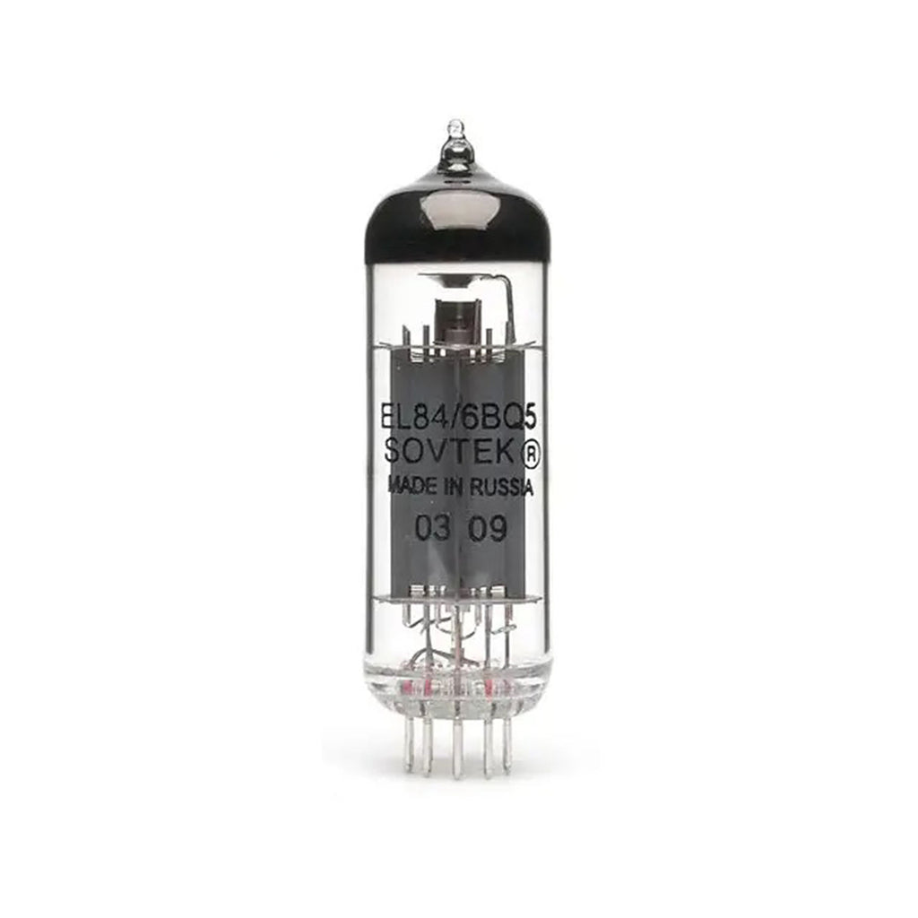 Clear glass vacuum tube with metal pins and black top showing EL84/6BQ5 and Sovtek branding.