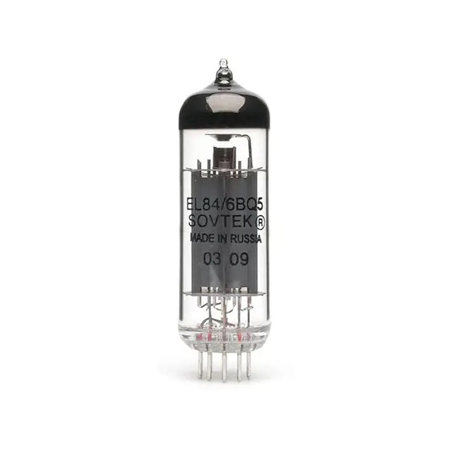 Clear glass vacuum tube with metal pins and black top showing EL84/6BQ5 and Sovtek branding.