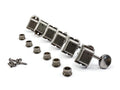 Set of six metal inline guitar machine heads with oval buttons, bushings, and screws on a white background.