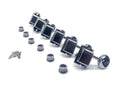 Set of six inline chrome guitar machine heads with oval buttons and included bushings and screws on white background.