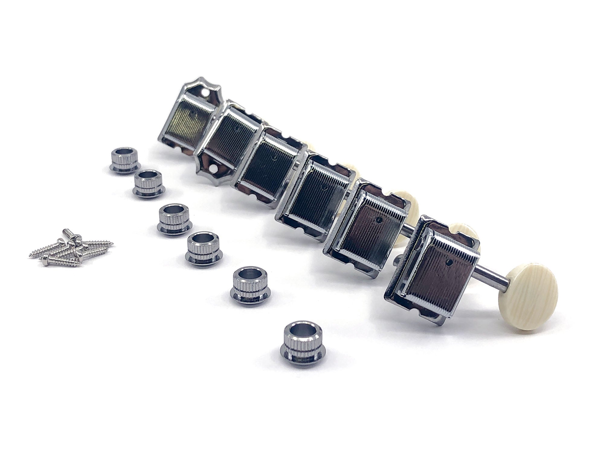 Set of six chrome inline guitar machine heads with off-white oval buttons and mounting hardware on white background