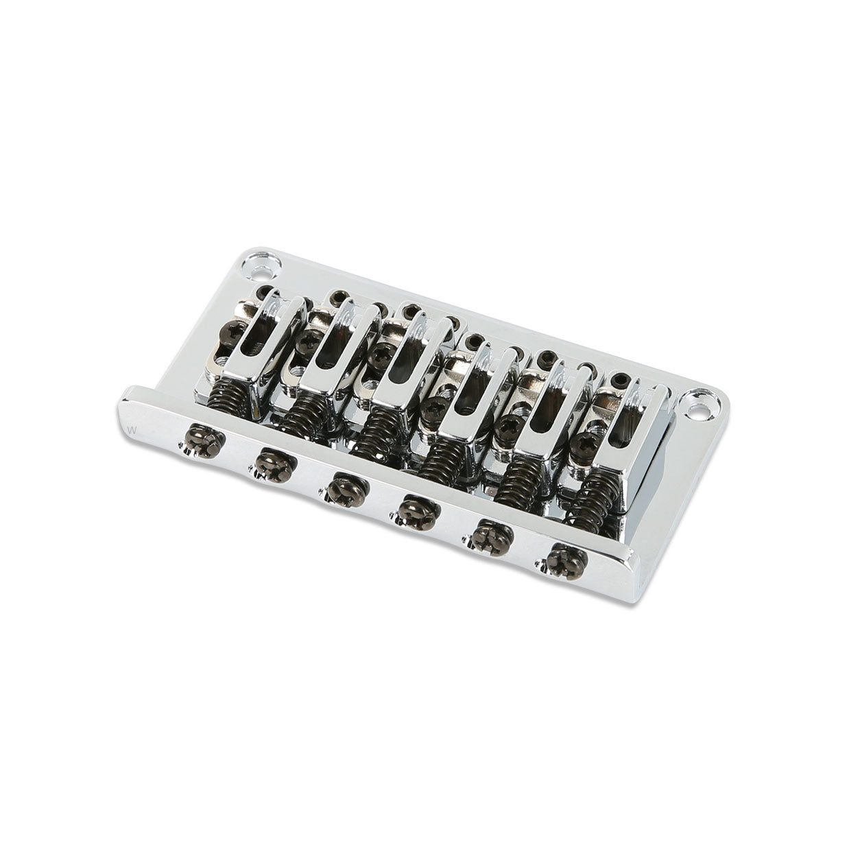 Silver metal guitar bridge with six adjustable saddles and screws on a white background.