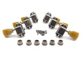 Set of six silver guitar tuning machines with yellow-beige keystone buttons, screws, and bushings laid out on white background.