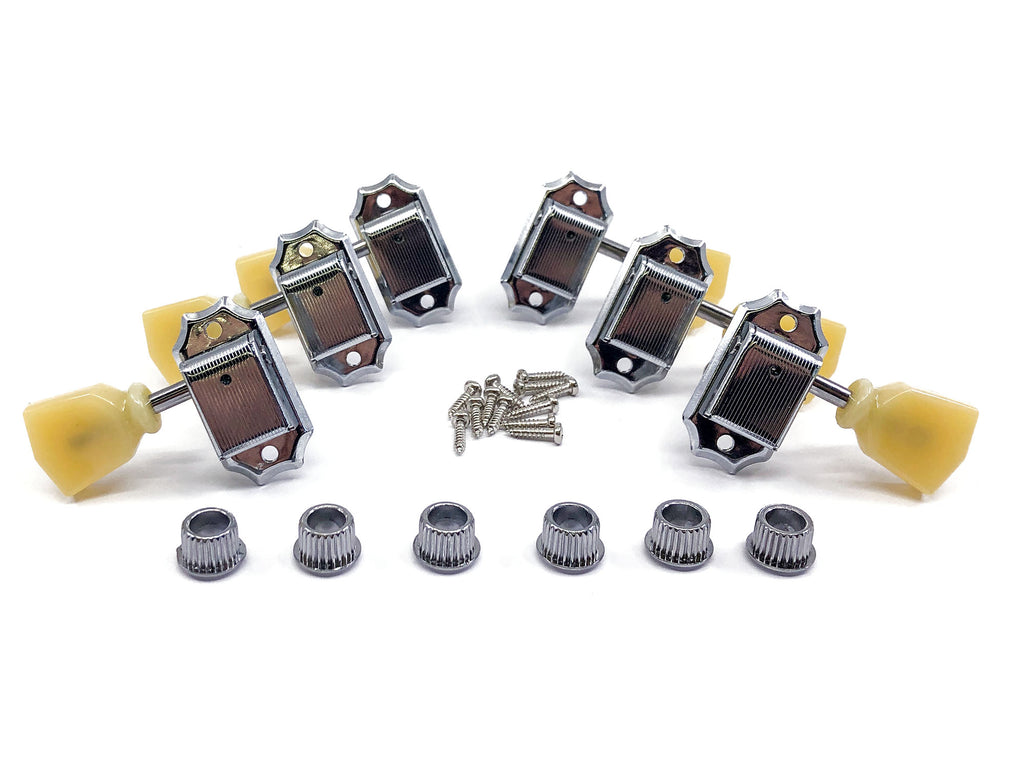 Set of six chrome guitar tuning machine heads with yellowish keystone buttons, screws, and bushings.