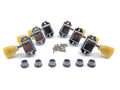 Set of six chrome guitar tuning machine heads with yellowish keystone buttons, screws, and bushings.