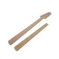 Two brown wood or composite templates shaped for a bass guitar neck and fretboard, one with the word Solo.