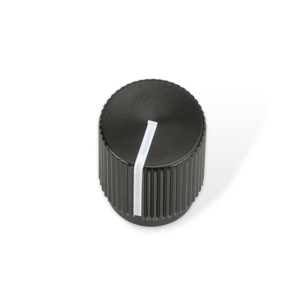 Black rotary knob with ridged sides and a white indicator line on top.