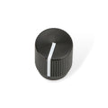 Black rotary knob with ridged sides and a white indicator line on top.