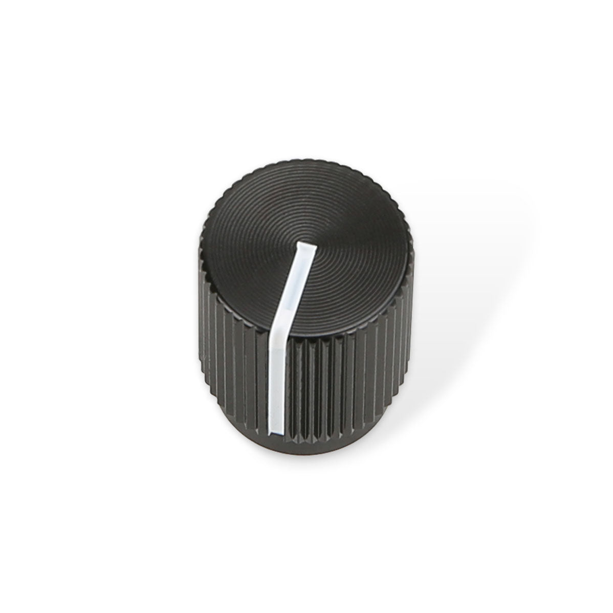 Black rotary knob with ridged sides and a white indicator line on top.