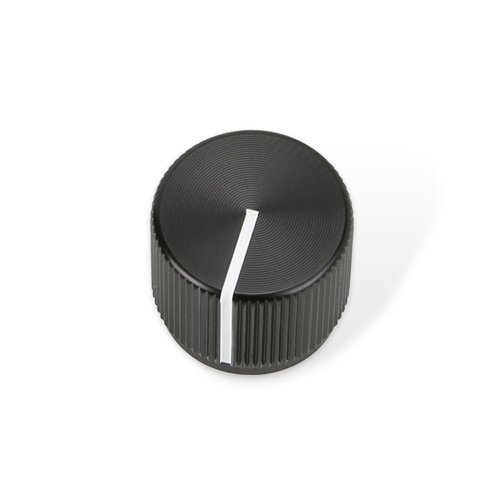 Black rotary knob with a white indicator line on a white background.