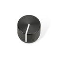 Black rotary knob with a white indicator line on a white background.