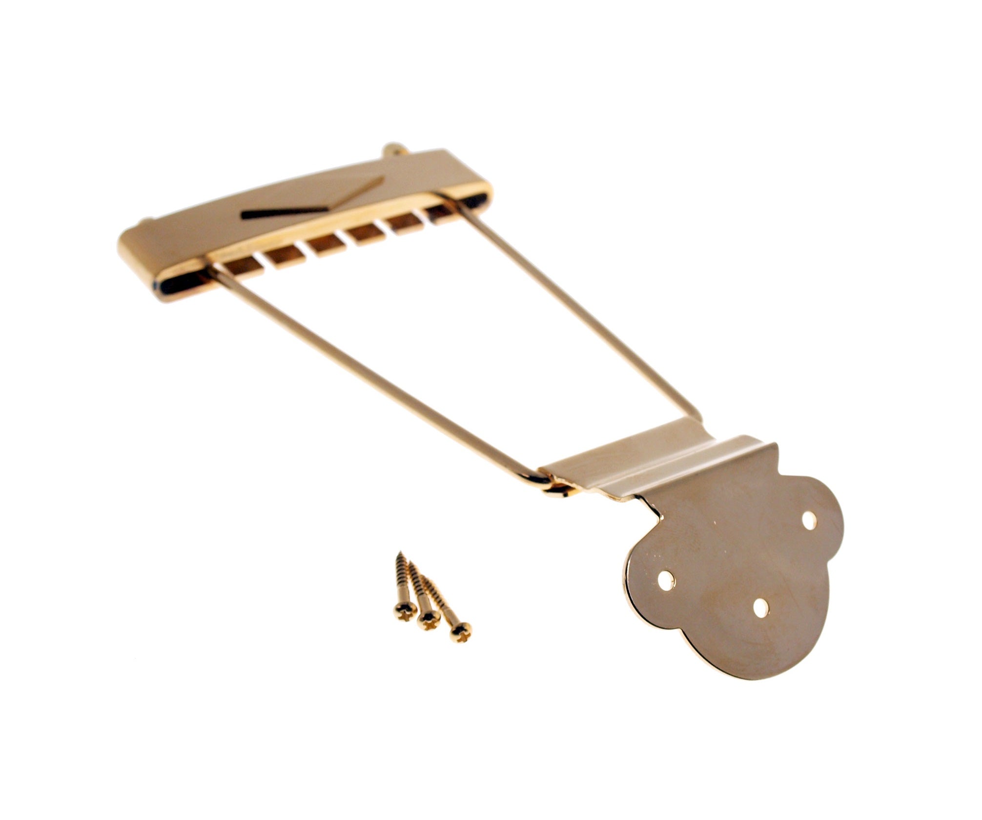 Gold-colored trapezoid guitar tailpiece with three mounting screws on a white background.