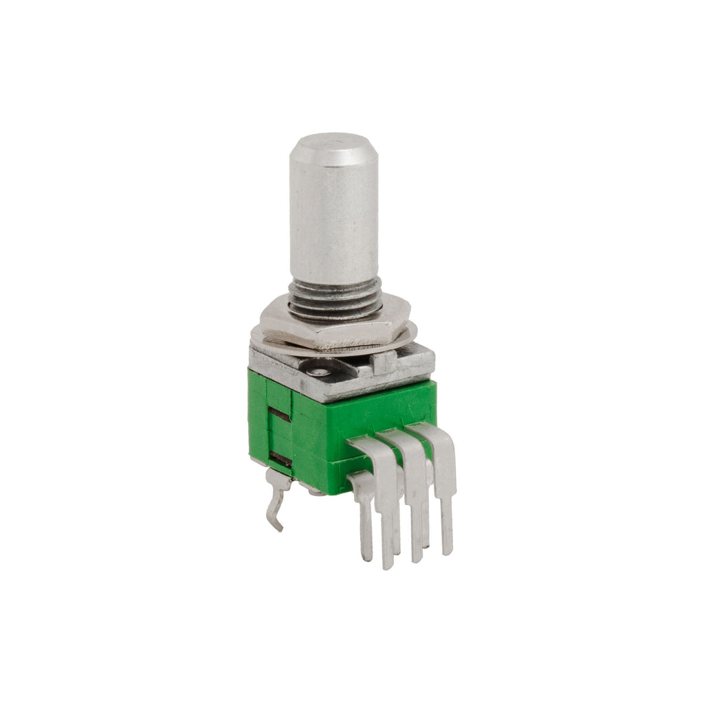 Single green rotary potentiometer with metal shaft and multiple pins for circuit board mounting.