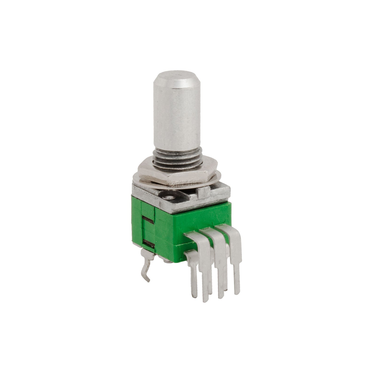 Single green rotary potentiometer with metal shaft and multiple pins for circuit board mounting.