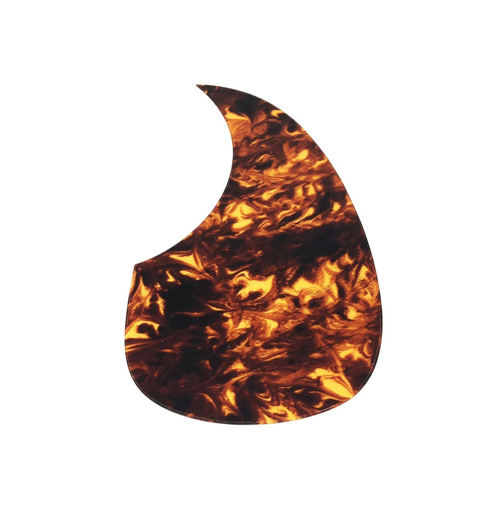Brown tortoise patterned self-adhesive pickguard shaped for an acoustic guitar.