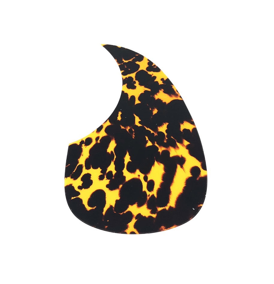 Black and yellow spotted shell shaped guitar pickguard on a white background.