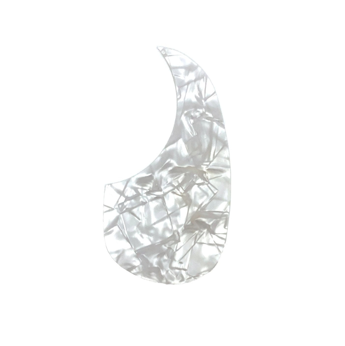 White pearl patterned self-adhesive guitar pickguard with curved shape on white background.
