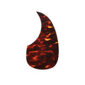 Dark brown tortoise patterned self-adhesive guitar pickguard with a teardrop shape and cutout.