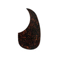 Tortoise patterned self-adhesive acoustic guitar pickguard with a curved teardrop shape.