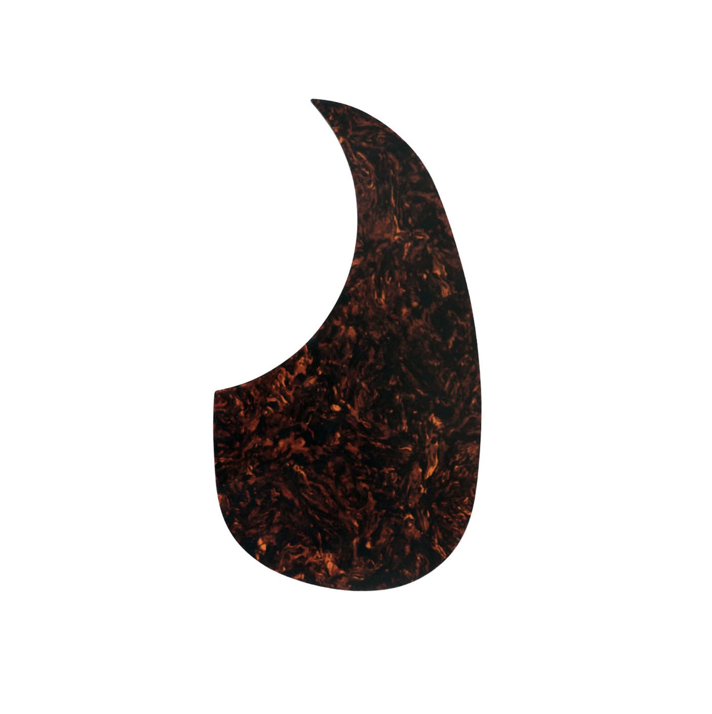 Tortoise patterned self-adhesive acoustic guitar pickguard with a curved teardrop shape.