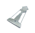 Silver-colored metal tailpiece for a guitar with an archtop design.